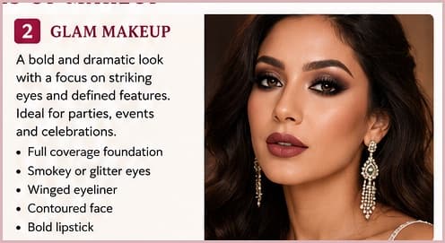 Glam makeup — bold and dramatic with striking eyes and defined features