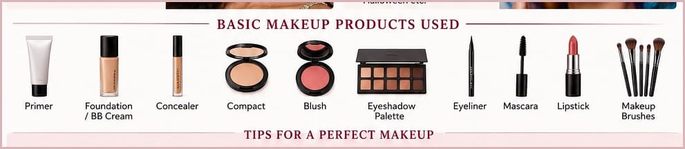 Basic makeup products: primer, foundation, concealer, compact, blush, eyeshadow palette, eyeliner, mascara, lipstick, and brushes