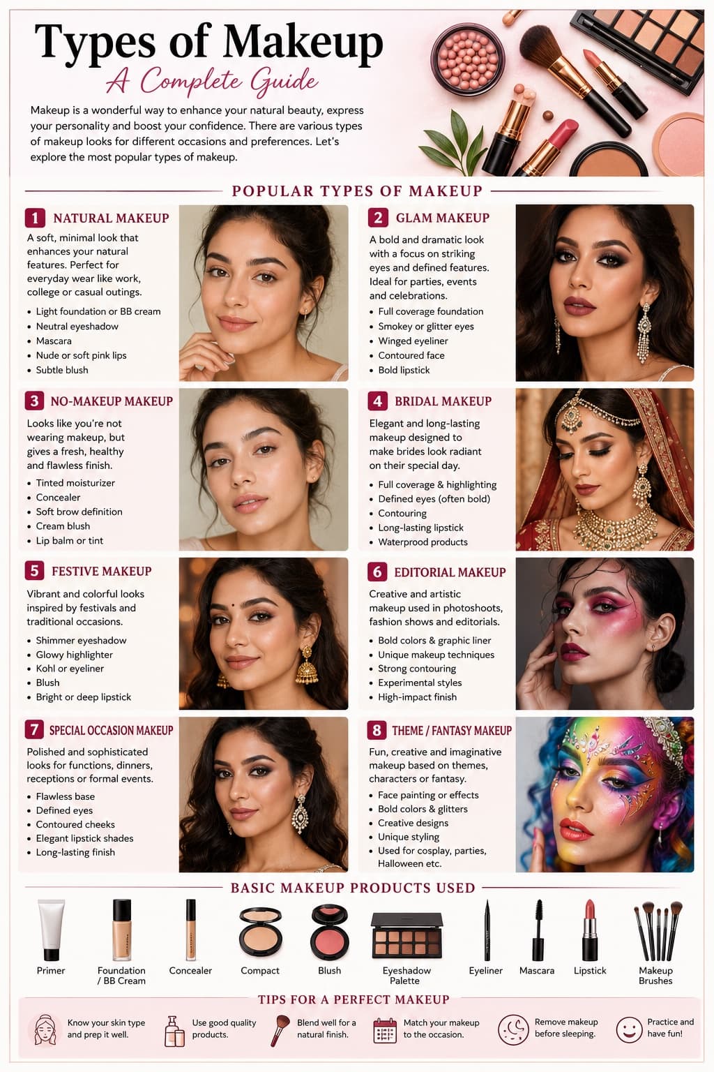 Types of makeup — full visual guide covering natural, glam, no-makeup, bridal, festive, editorial, special occasion, and fantasy styles, plus basic products and tips