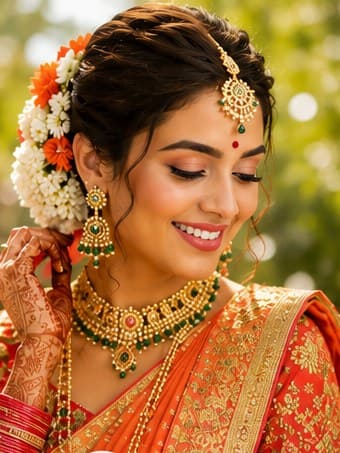 A summer bride in an orange saree with marigolds in her hair