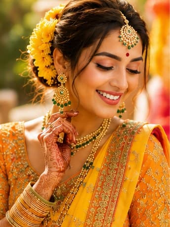 A bride in a yellow saree with fresh flowers in her hair