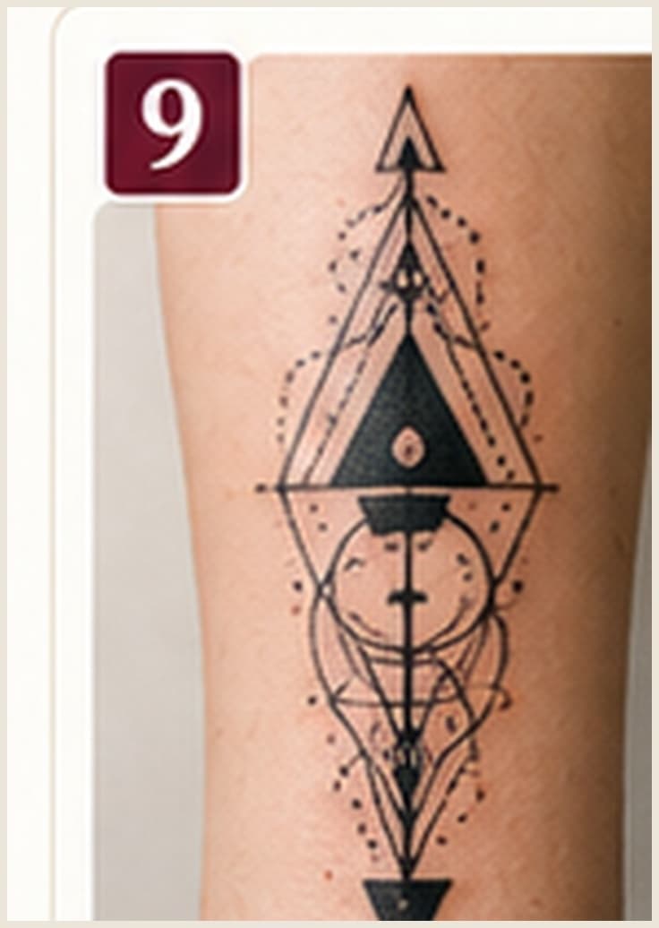 Geometric tattoo — symmetrical arrows and shapes down the forearm