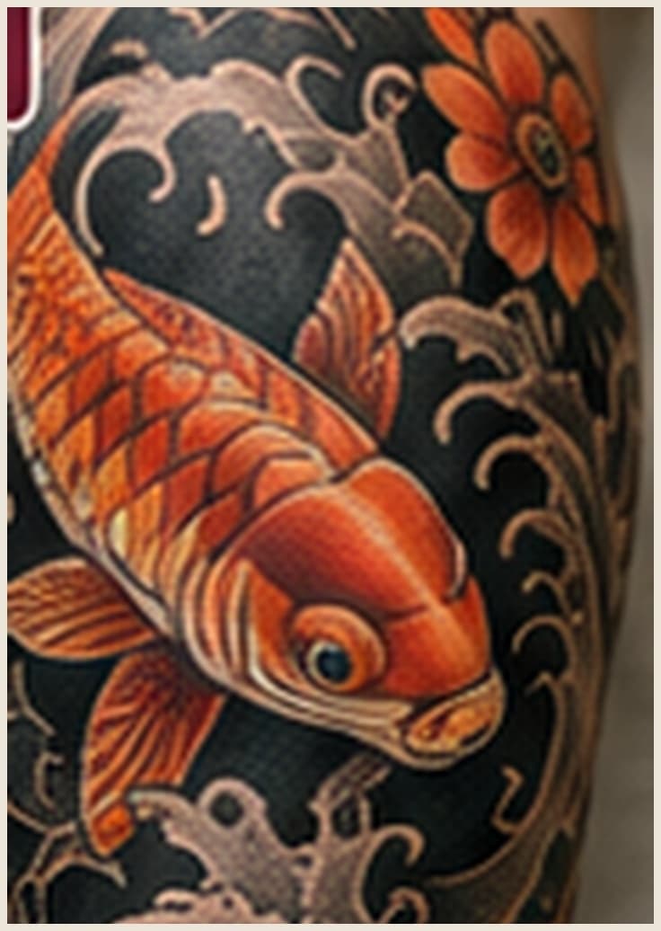 Japanese tattoo — orange koi fish with waves in a flowing sleeve composition