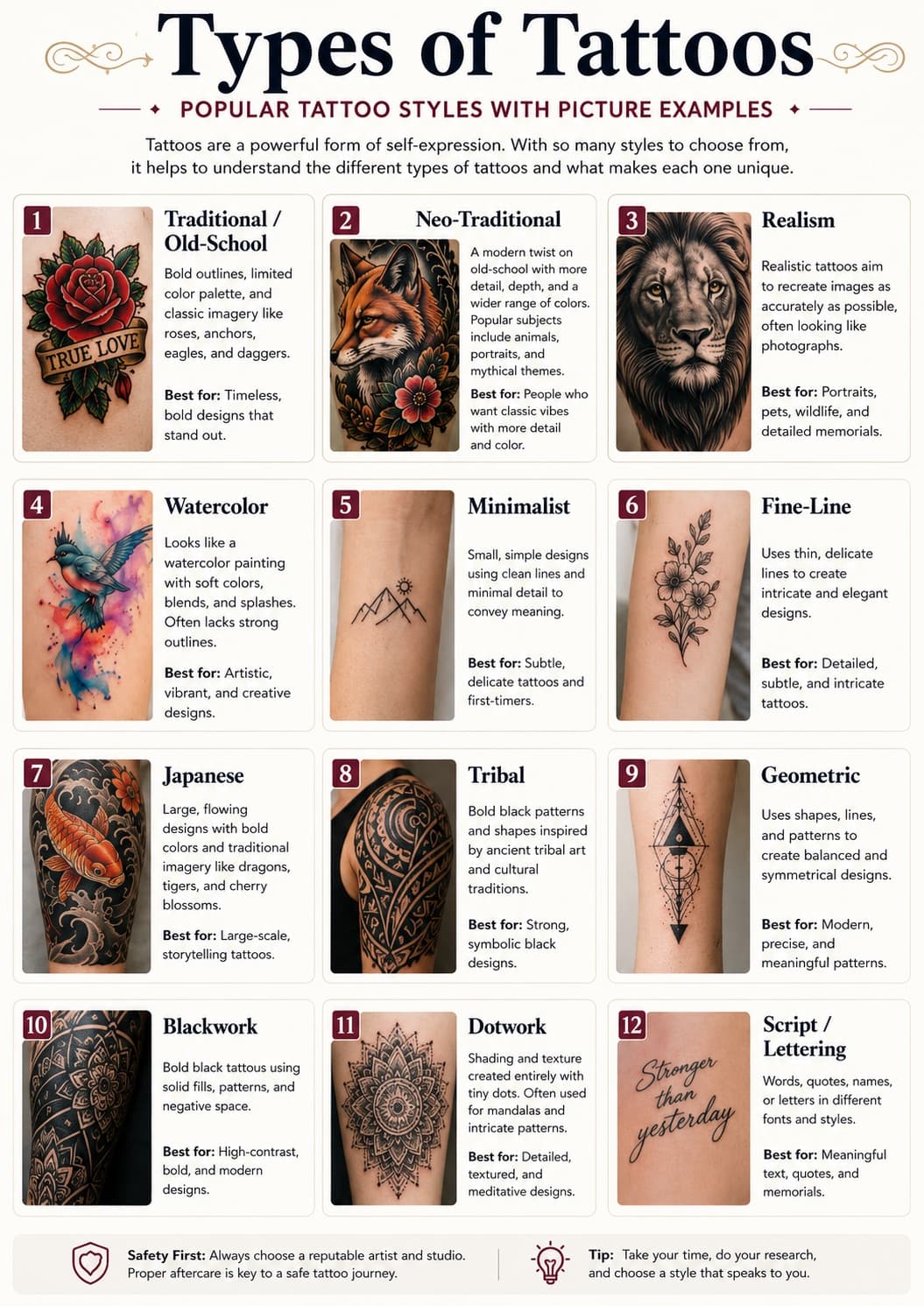 Types of tattoos — one-page visual comparison of all twelve styles with picture examples