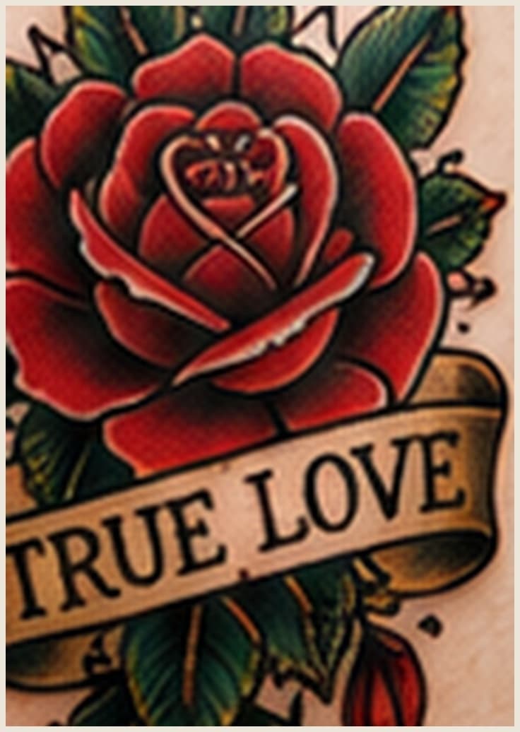 Traditional old-school tattoo — bold red rose with a True Love banner