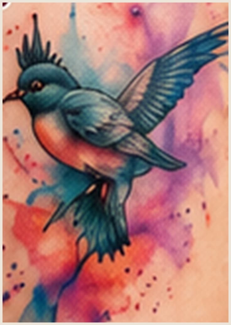 Watercolor tattoo — bird in soft flowing blue and orange washes