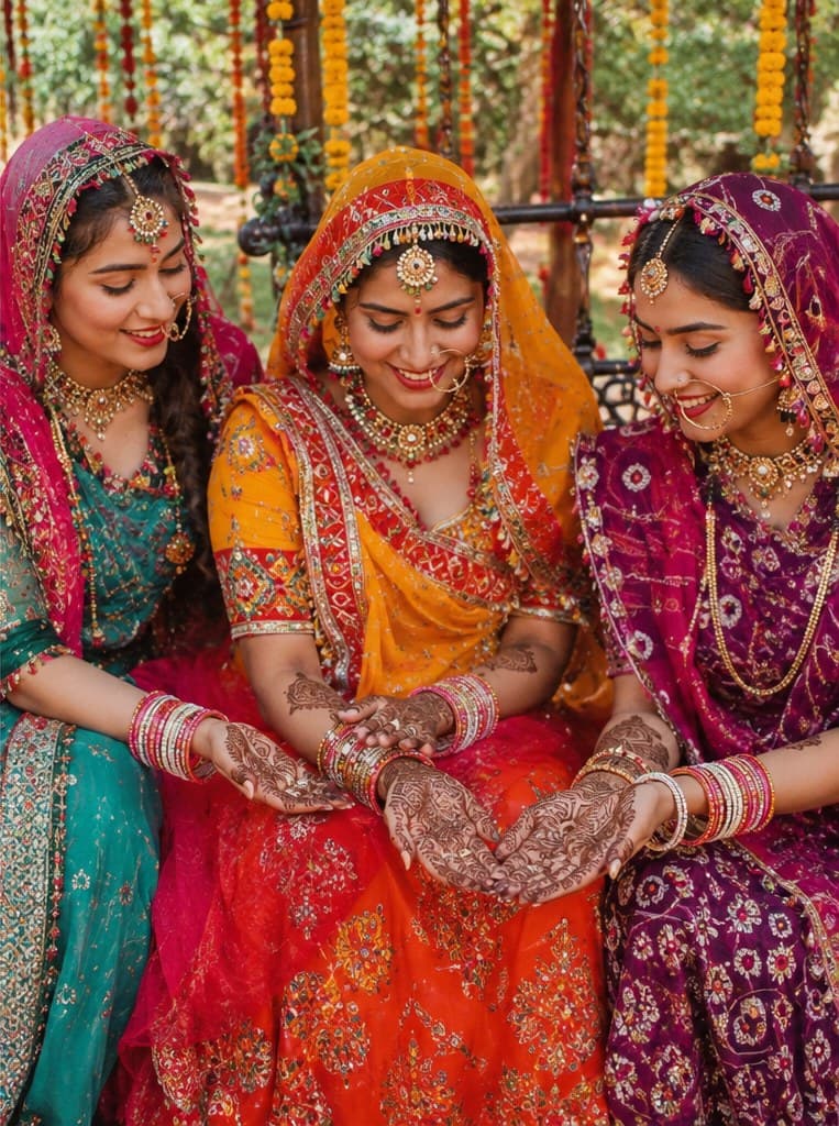 Three women in festive colours comparing their mehendi