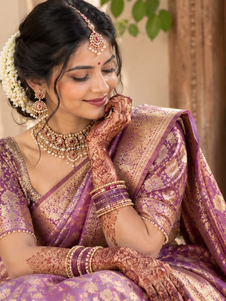 A bride in a purple Banarasi saree with mehendi up both arms