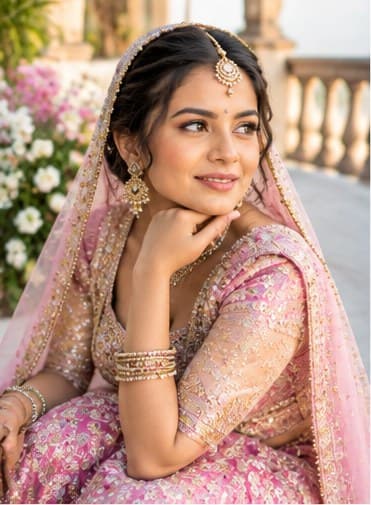 A bride in a pink lehenga before a function