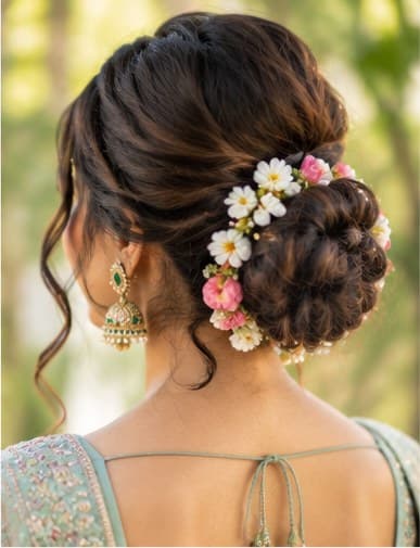 A bridal updo worn with a heavy jhumka earring