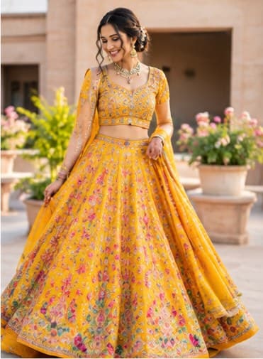 A yellow floral lehenga mid-twirl