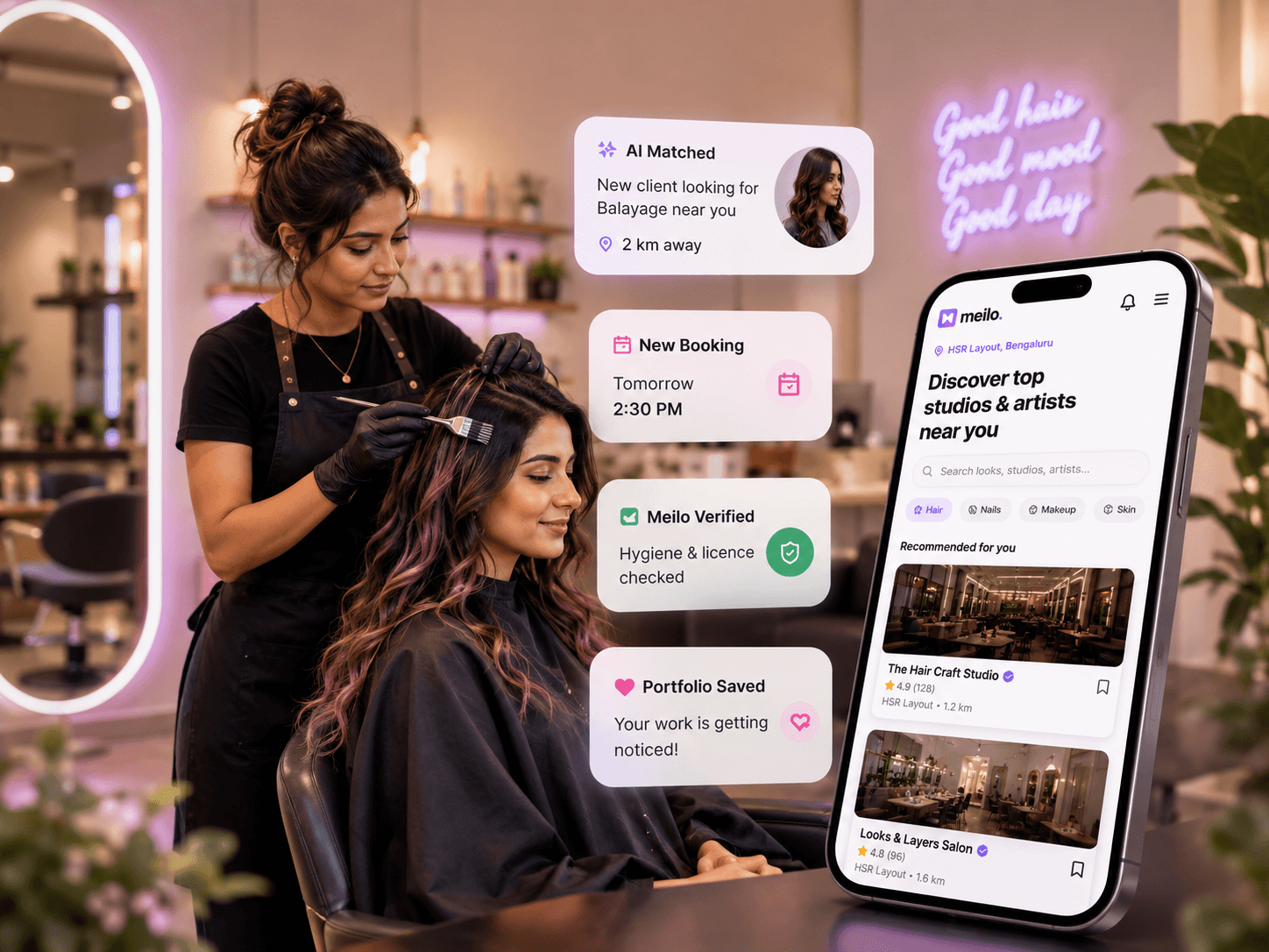 A Meilo Verified stylist colouring a client's hair, with the Meilo app showing nearby studios, AI-matched clients, bookings and a saved portfolio
