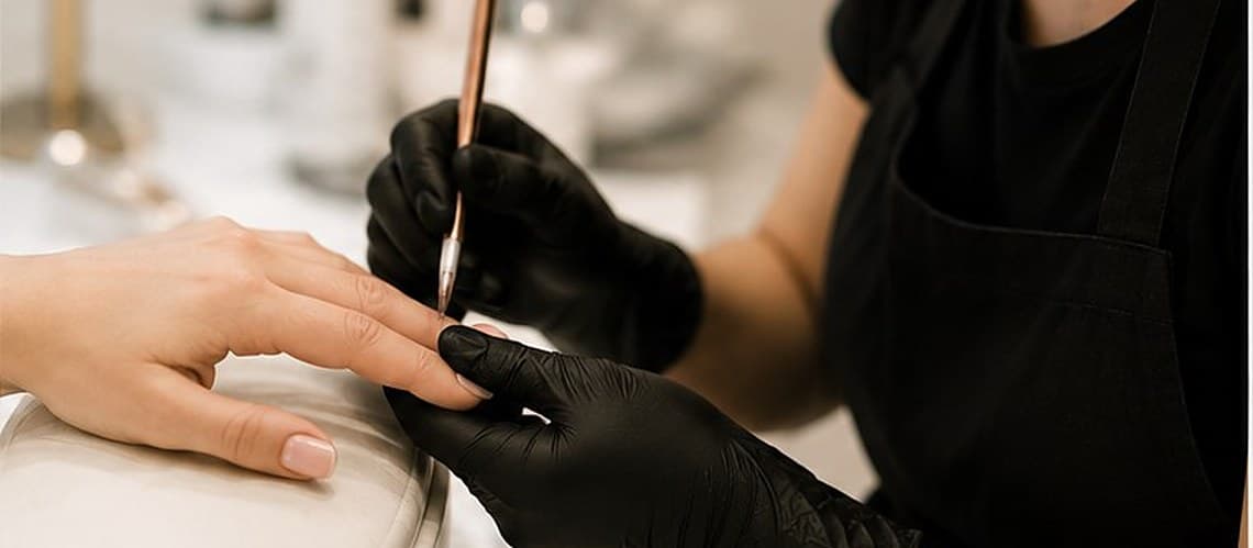 A nail technician working carefully on a client’s nail at a salon station