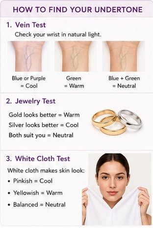 How to find your undertone: vein test, jewellery test, and white cloth test