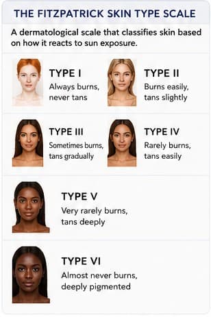 The Fitzpatrick skin type scale, types I to VI