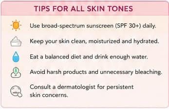 Tips for all skin tones: sunscreen, gentle cleansing, hydration, no harsh bleaching, see a dermatologist
