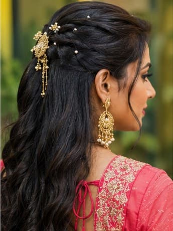 Hair worn half-up with a gold hair pin