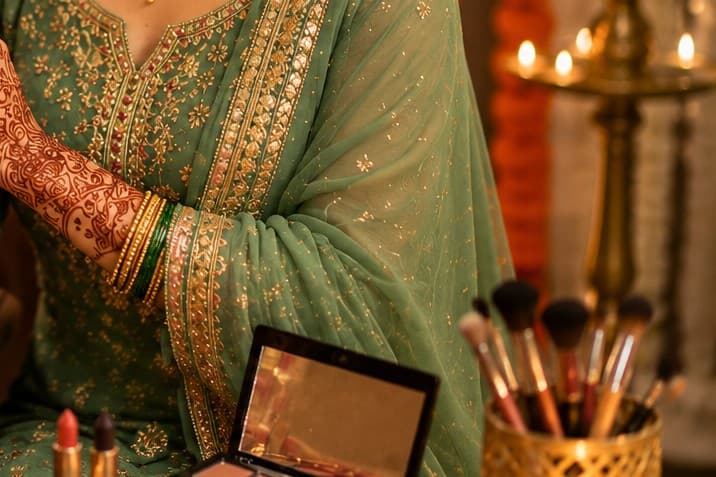 Bangles, brushes and diyas laid out on a dressing table