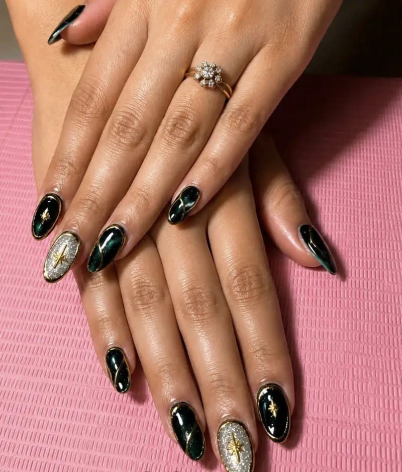 Emerald Galaxy Cat Eye Nail Art