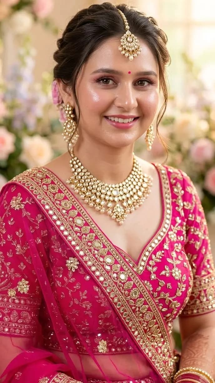 Pink Bridal Makeup Look with Traditional Kundan Jewellery